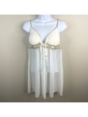 Linea Donatella Nightie Slip Dress Womens Medium Ivory Babydoll Sheer Chemise
